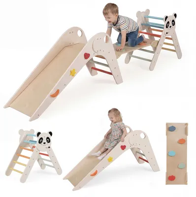 Produktbild von KOMFOTTEU 3er Set Montessori Klettergerüst, Kletterdreiecke mit Rutsche, Rampe & Kletterleiter, Kletterspielzeug Indoor für Kinder ab 3 Jahr, Holz Sprossendreieck für Spielzimmer & Kinderzimmer