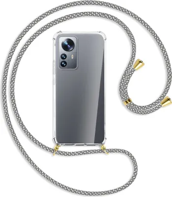 Produktbild von Handykette Backcover-Schutzhülle mit Band (Metall goldfarben) für Xiaomi 12 Pro - weiß/grau kariert