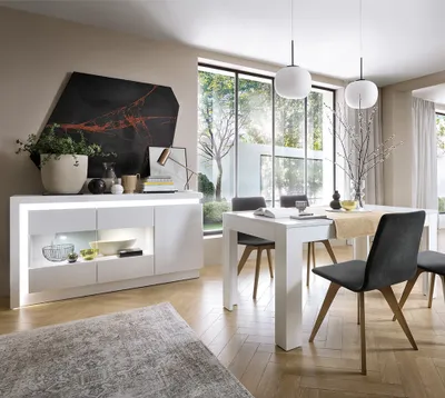 Produktbild von Esszimmer Möbel Set mit Auszugstisch (140/180 cm) in weiß Hochglanz, inkl. Beleuchtung, LYNDHURST-129