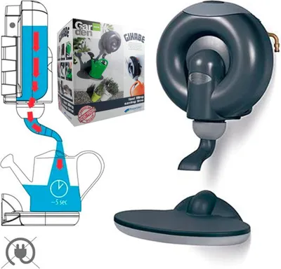 A collage of images showing a garden hose reel, a watering can, and diagrams illustrating how a watering can is filled.