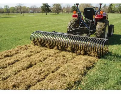 Produktbild von Heck-Deicing-Rechen - 3-Punkt Traktor Rechen Kat. 1 - 183 cm Arbeitsbreite - 36 Zähne - Schlepprechen für Rasen - Armeegrün