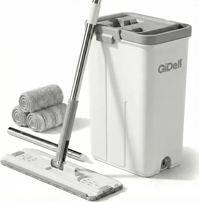 Produktbild von Wischmopp und Eimer Set Flach Squeeze 360° 3 Mikrofaser Pads Reinigung GiDeli