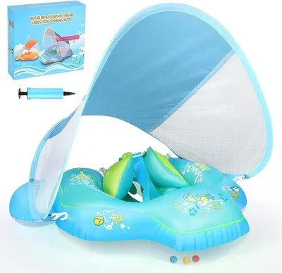 Produktbild von Opblaasbaar Baby-Schwimmbecken mit Sonnenschirm für Neugeborene - Lernschwimmen - Schwimmring mit Sitz und Pumpe - 6-36 Monate