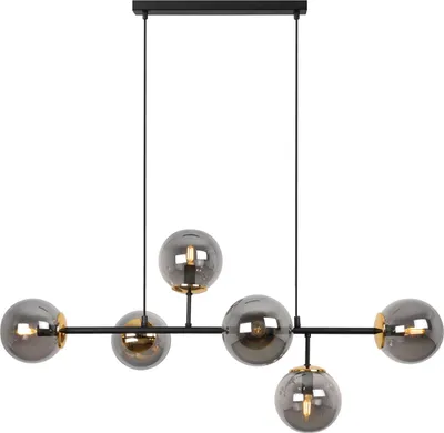 Productafbeelding van SIENA plafondlamp, zwart en goud, met 6 platte grafietlampen, E14 fitting, lange armen