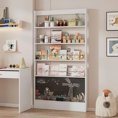 Immagine prodotto di Scaffale per libri illustrati Sweiko, scaffale espositivo, scaffale per libri, scaffale per la stanza dei bambini, scaffale di stoccaggio a 4 livelli + scaffale nero verniciabile, protezione antiribaltamento/risparmio di spazio, scaffale per libri dietro la porta, 100x10x180cm