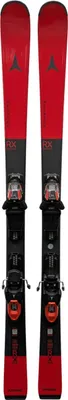 A pair of red and black skis with bindings, presented against a white background.