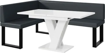 Produktbild von MEBLINI Eckbank für Esszimmer mit ausziehbarem Tisch  - Küchenbank - Essecke - Sitzecke Küche - ERIC - U-Beine 128x168x87cm Links - Dunkelgrau Kunstleder/M Weiß Hochgl.