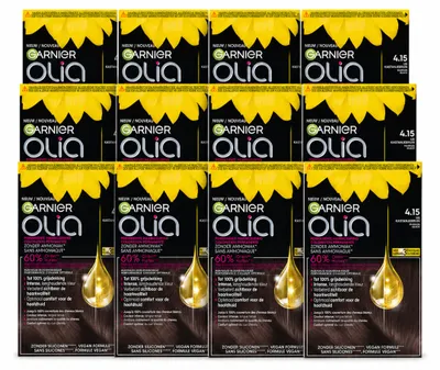 Produktbild von 12 x Garnier Olia 4.15 Haarkleuring - Kastanje Middenbruin - Ammoniakfrei - Vorteilspackung - 12 Stücke