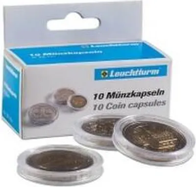 A product box for coin capsules with some coin capsules shown in front.