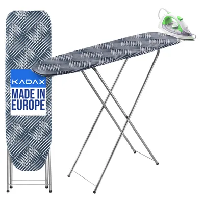 An ironing board and an iron are displayed against a white background.