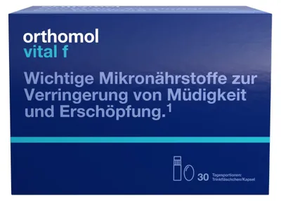 Produktbild von Orthomol Vital f - Mikronährstoffe für Frauen - bei Müdigkeit und Erschöpfung - mit B-Vitaminen, Omega-3-Fettsäuren und Magnesium - Trinkampullen/Kapseln, 30 St. Tagesportionen