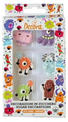 Produktbild von DECORA Zuckerdekoration Zuckermonster aus Zucker 6 Stück, 2,5–3,5 x 2–3,5 cm