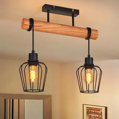 Produktbild von ZMH Deckenleuchte Holz Deckenlampe Flur Schwarz Küchenlampe 2 flammig Metall E27 Fassung für Küche Wohnzimmer Esszimmer Ohne Leuchtmittel