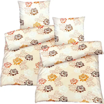 Produktbild von Hochwertige Biber Bettwäsche Baumwolle Blumen Beige Orange 155x220 80x80: 4tlg.