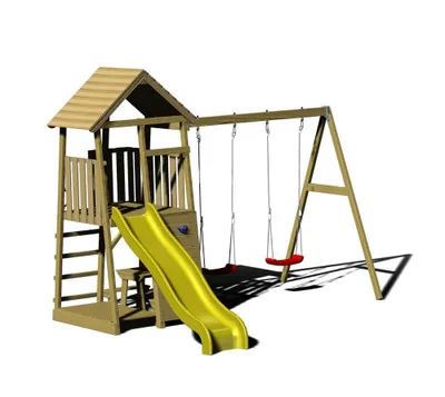 Produktbild von Wendi Toys Holz Spielturm Giraffe mit Rutsche, Kletterwand, 2 Schaukeln & Picknicktisch Natur 280x340x270 cm