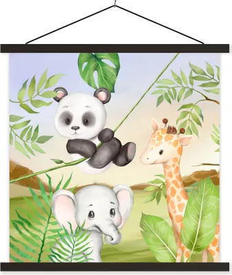 Produktbild von MuchoWow® Textilposter Dschungel - Blätter - Tiere - Grün 60x60 cm mit schwarzem Rahmen - Posteraufhänger