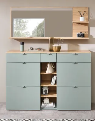 Produktbild von Flurmöbel Set Spiegel mit Ablagen und Schuhschrank grün matt mit Eiche BLISS-36