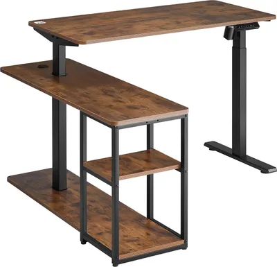 A rustic brown adjustable height desk with a side shelving unit, shown against a white background.