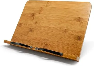 Zdjęcie produktu dla Drewniany stojak na książki z regulowaną wysokością i uchwytem na tablet; bambusowy uchwyt kuchenny
