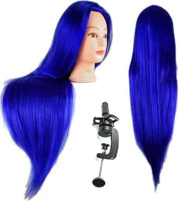 Zdjęcie produktu dla Główka treningowa Iza 90cm blue włos termiczny + uchwyt fryzjerska do czesania głowa do ćwiczeń