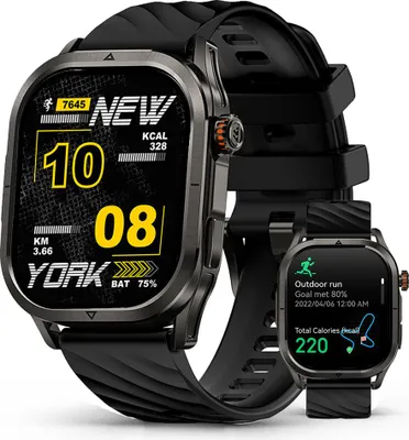 A smartwatch with a black strap and a dark gray casing is shown, with a smaller version of the same watch next to it.