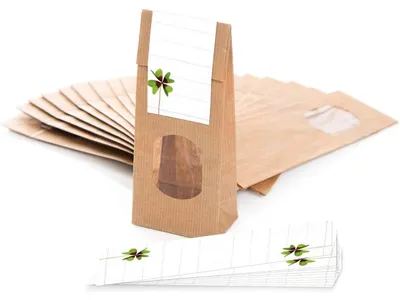 Produktbild von Verpackung 10 kleine braune Blockbodenbeutel Geschenk-Tüte MIT Fenster + Pergamineinlage 10,5 x 6,5 x 29 cm + 10 Aufkleber 5 x 15 cm Welt nur für Dich rosa pink HERZKleeblatt / 10 Stück