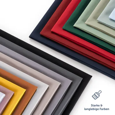 A collection of fabric swatches in various colors, arranged in a diagonal pattern. A small icon and text are present in the bottom right corner.