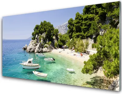 Produktbild von Acrylglasbilder 100x50 Wandbild Druck Meer Boot Strand Felsen Landschaft