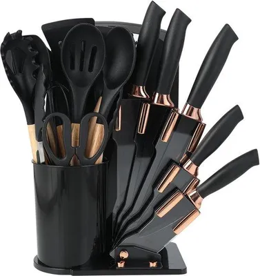 Image de Ensemble de cuisine Unyqoos® de 19 pièces, comprenant des couteaux en acier inoxydable, du silicone résistant à la chaleur (jusqu'à 230 °C), une planche à découper et des poignées antidérapantes