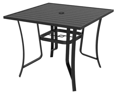 Zdjęcie produktu dla Stół bistro z otworem na parasol, wytrzymały stół ogrodowy metalowy, stół balkonowy z osłoną i antypoślizgowymi podkładkami pod nogi, kwadratowy stolik pomocniczy, stół do jadalni na taras i do ogrodu, 91 x 91 cm