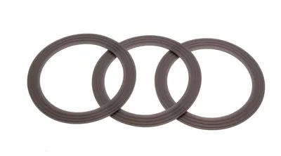 Three gray rings are arranged in a row, overlapping each other, against a white background.
