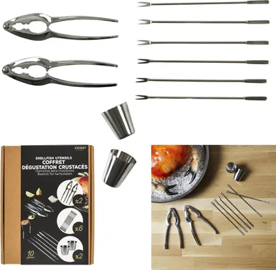 Immagine prodotto di set di posate da mare in acciaio inox da 10 pezzi - Include cracker per granchi, forchette e ciotole per salse - Perfetto per l'aragosta - Argento