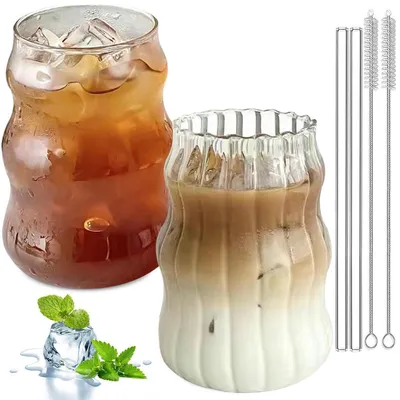 Productafbeelding van Set van 2 ribbelglazen van 530 ml, inclusief glazen rietjes en een borsteltje
