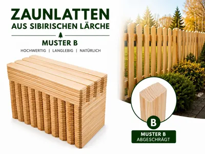 Produktbild von Zaunlatte 9x2x80 Sibirische Lärche 300Stück Form B, KI-generiertes Bild