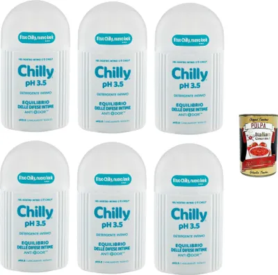 Produktbild von Chilly, Intimreiniger pH 3,5, Gleichgewicht für die Intimabwehr, mit Anti-Odor, Formel mit saurem pH-Wert zur Stimulierung, 6x 200ml + Italian Gourmet polpa 400g