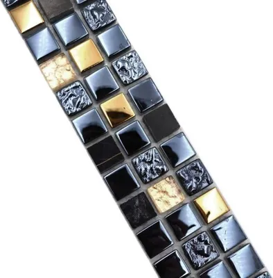 Produktbild von Bordüre Borde Mosaik schwarz mit gold glänzend Mosaikfliese Küchenwand Fliesenspiegel Bad MOS92BOR-650_f
