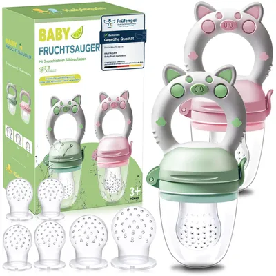 Produktbild von Fruchtsauger Baby 2 Stück Obstschnuller 2023 Upgrade BPA frei 8 Silikon Sauger 3 Größen Rosa Grün