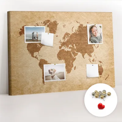 Immagine prodotto di Lavagna in sughero con puntine - Pannello con puntine per foto e appunti - 100x70 cm - 100 puntine metalliche - Mappa del mondo in stile vintage