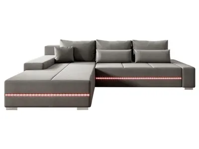 Immagine prodotto di Divano Juskys Davos a sinistra con funzione sleep, box letto, rivestimento in velluto e LED - Grigio chiaro