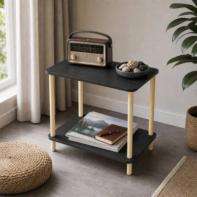 Produktbild von Holz Beistelltisch,Couchtisch mit 2 Ebenen,Sofatisch,Kleiner Nachttische für Schlafzimmer,Wohnzimmer,Moderner-Design 60x30x53cm Schwarz