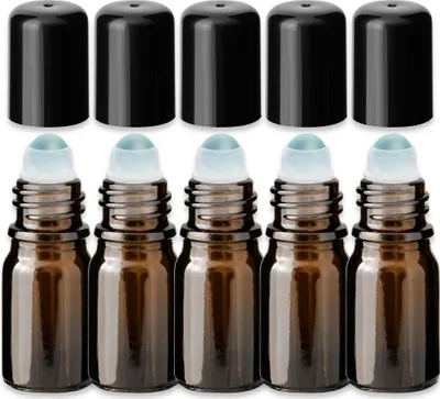 Produktbild von 5x Braune Glasflasche 5 ml Roll On mit schwarzer Kappe Probefläschchen