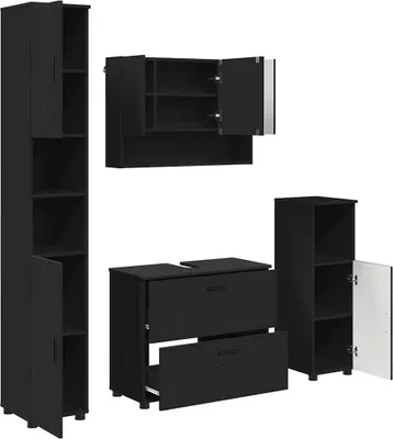 Productafbeelding van Badkamerkastset met deur, 4 stuks, zwart, van multiplex en metaal