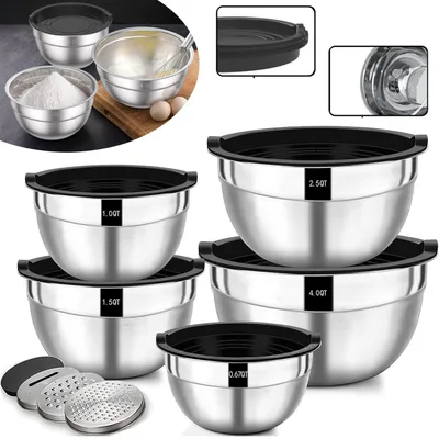 Produktbild von Salatschüssel 5er Set, Edelstahl Schüssel mit luftdicht Deckel, Größe 4.5l, 2.7l, 1.6l, 1.1l, 0.7l, Rührschüssel Schüsselset für die Küche