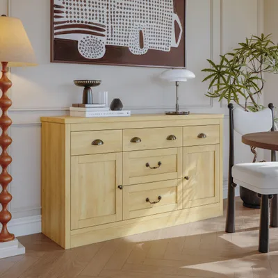 Produktbild von UnboxG Sideboard Esszimmer Holzoptik mit 5 Schubladen und 2 Türen, moderne Anrichte / Buffetschrank als Stauraumschrank für Küche, Esszimmer und Wohnzimmer, Naturfarben, 135 × 39,8 × 80 cm