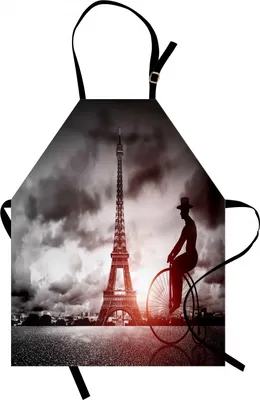 Produktbild von ABAKUHAUS Eiffelturm Kochschürze, Mann auf Retro-Fahrrad neben Eiffelturm Paris Frankreich Dramatischer Himmel Sun, Farbfest Höhenverstellbar Waschbar Klarer Digitaldruck, Grau Pink Schwarz