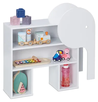 Image de TRANKIELO® - Armoire pour enfants en forme d'éléphant avec 4 compartiments ouverts – Armoire de rangement pour jouets pour tout-petits – Bois MDF blanc – 60,5 x 64,5 x 20,5 cm