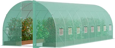 Image de SucceBuy Serre tunnel accessible, 27,4 x 9,5 x 7,4 pieds, serre en film plastique avec cadre galvanisé, couverture PE verte, porte battante et 16 fenêtres, idéale pour le jardin