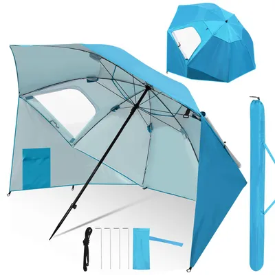 Image de Parasol de plage Eikuavons 210 cm avec sac de transport, protection solaire UV50+, inclinable, parasol de jardin léger pour la plage, le camping et la terrasse, bleu ciel