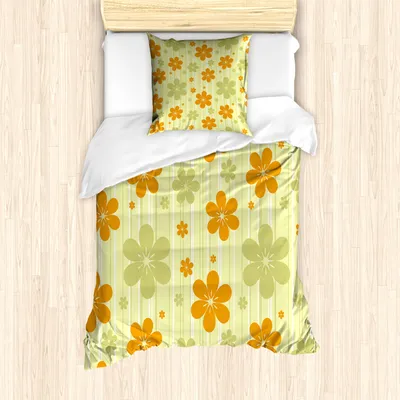 Produktbild von ABAKUHAUS Blumen Mantele, Retro Grafik Blumen, Milbensicher Allergiker geeignet mit Kissenbezügen, 135 cm x 200 cm - 80 x 80 cm, Blassgrün Orange