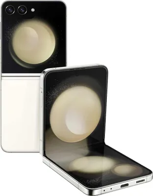 A product shot of a Samsung Galaxy Z Flip5 phone, shown in both closed and open states.